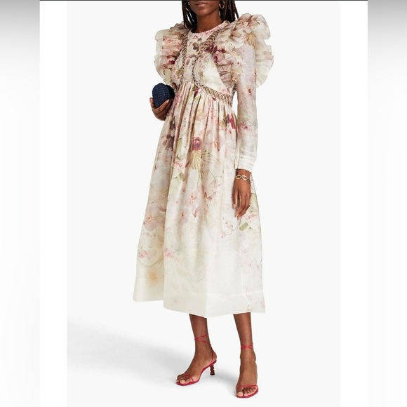 NWT Zimmermann Dancer Laced Midi Ruffled Floral Print Linen And Silk Size 0 - Picture 13 of 13